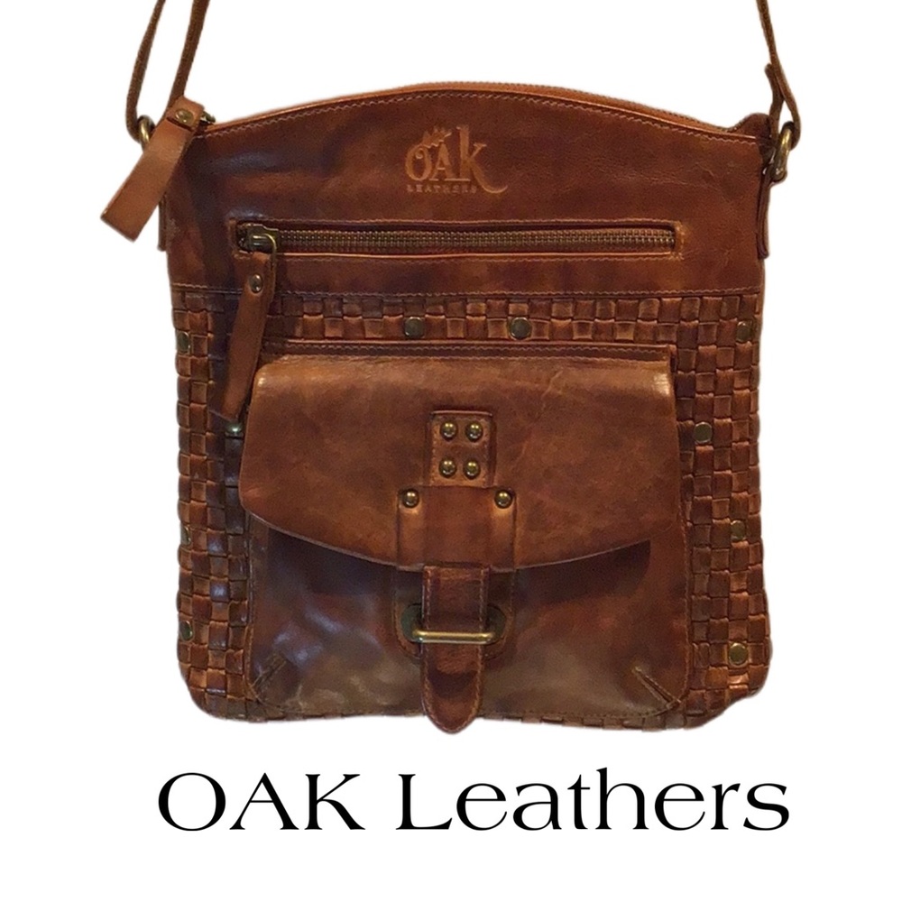 OAK Leathers Crossbody Bag, Woven‎ Front, Brown